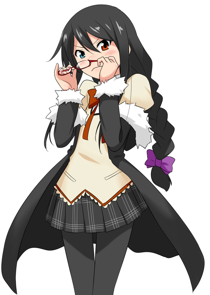 akemi_homura akemi_homura_(cosplay) bellezza_felutia blue_eyes braid brush cosplay crossdressing eyewear_removed felutiahime glasses heterochromia highres holding holding_eyewear jacket long_hair looking_at_viewer mahou_shoujo_madoka_magica male_focus mitakihara_school_uniform original otoko_no_ko pantyhose parody plaid plaid_skirt red-framed_eyewear red_eyes school_uniform self_upload semi-rimless_eyewear shirt skirt solo transparent_background twin_braids under-rim_eyewear