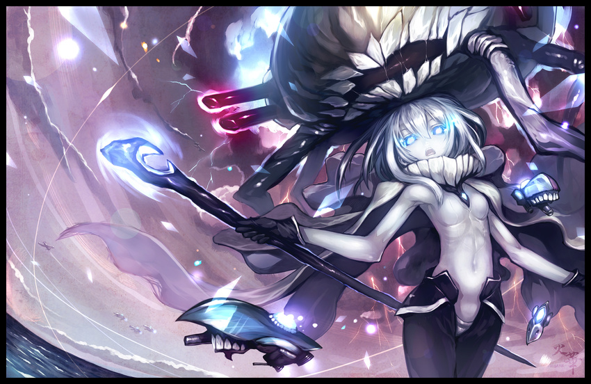 bad_id bad_pixiv_id blue_eyes bodysuit cape capriccio glowing glowing_eyes highres kantai_collection shinkaisei-kan silver_hair staff wo-class_aircraft_carrier