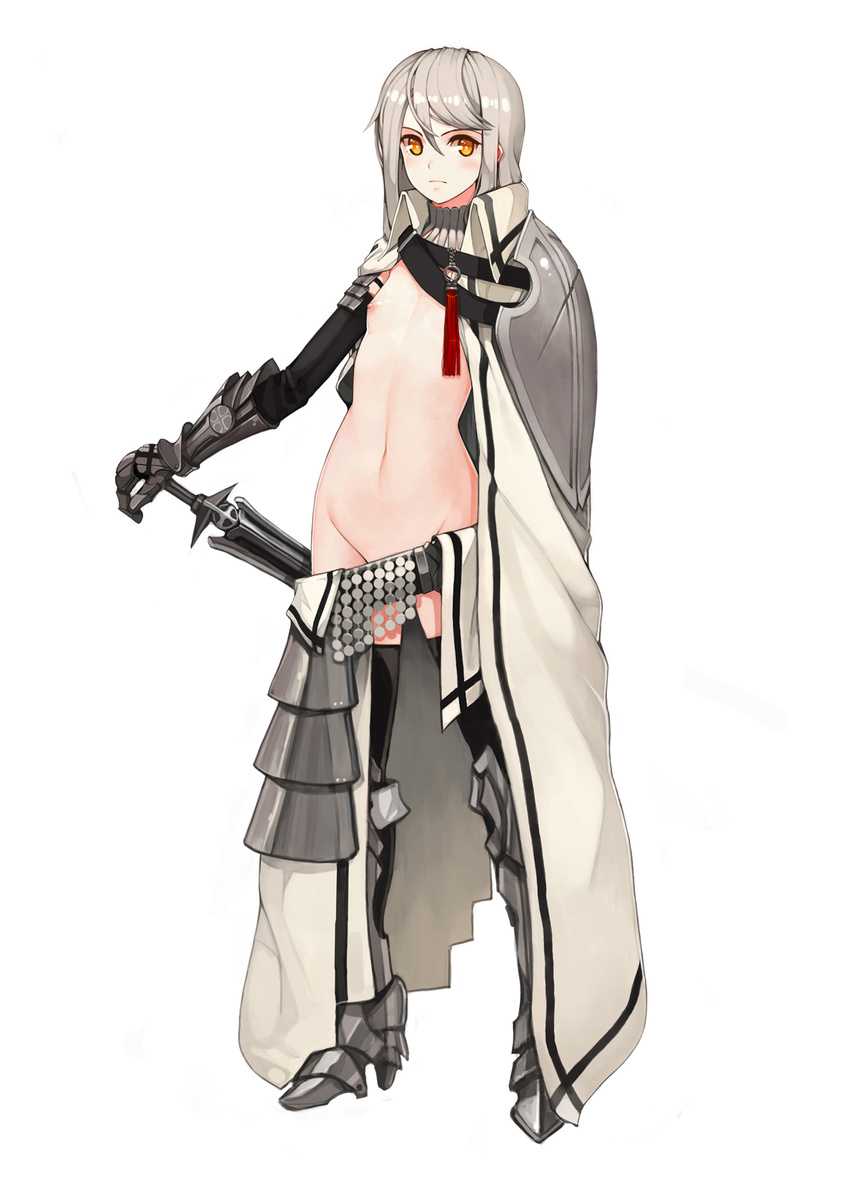armor armored_boots armored_dress bad_id bad_pixiv_id bangs belt beltskirt black_legwear blush boots breast_slip cape chainmail faulds flat_chest gauntlets greaves groin hair_between_eyes hand_on_hilt high_collar high_heels highres long_hair looking_at_viewer mayo-rang navel nipples one_breast_out orange_eyes original pauldrons showgirl_skirt silver_hair simple_background solo standing sword tassel thighhighs weapon white_background yellow_eyes