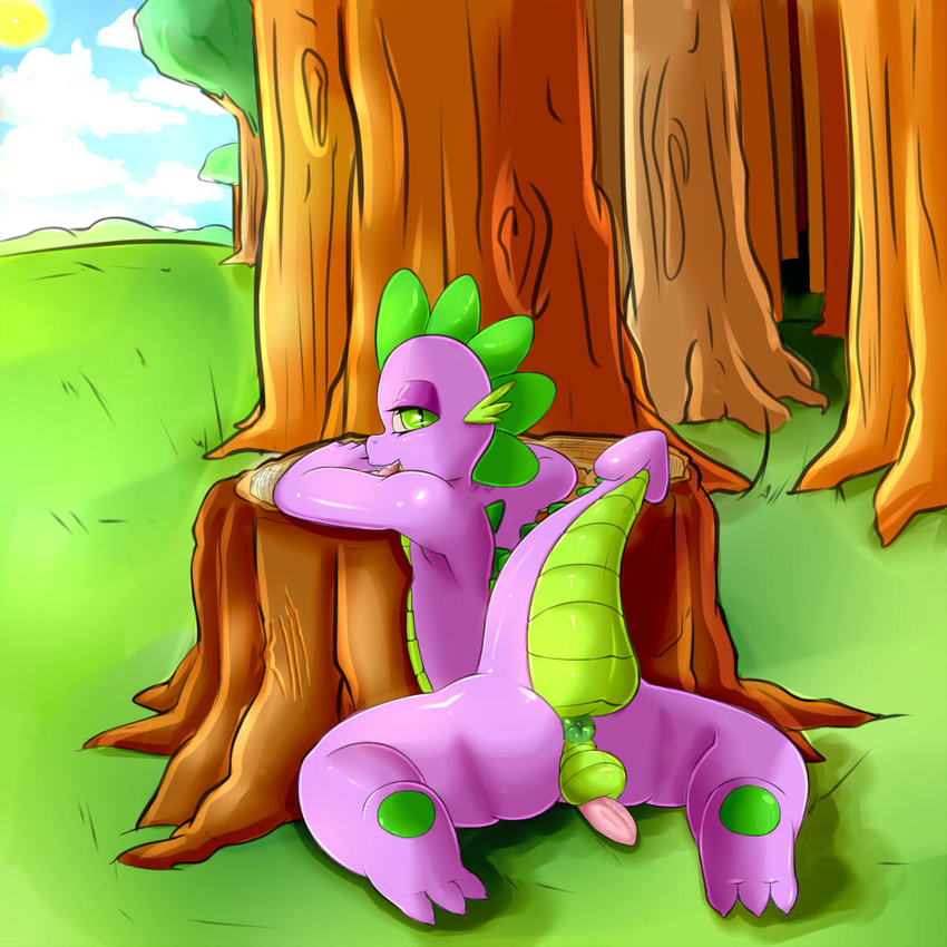 anthro anus balls butt dragon erection friendship_is_magic green_eyes looking_at_viewer looking_back male my_little_pony nude penis saurian_(artist) smile solo spike_(mlp)