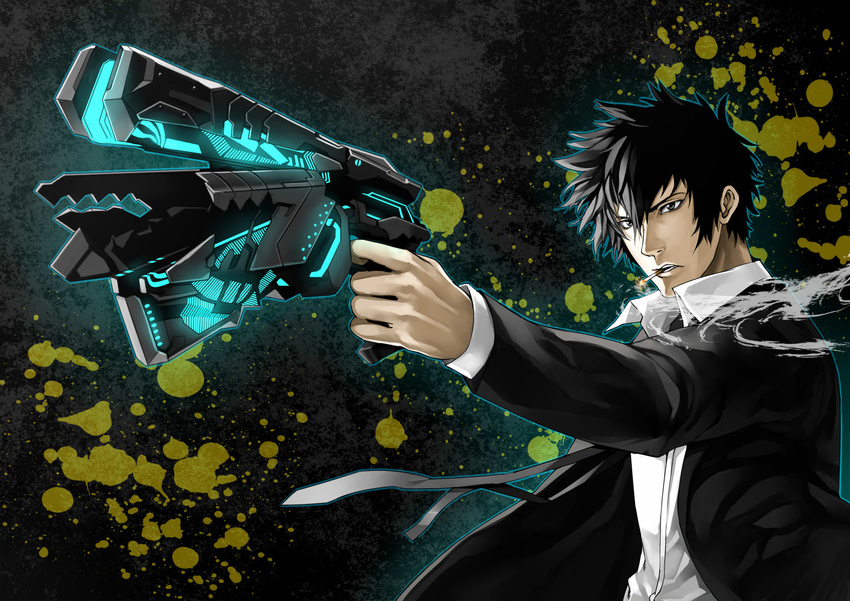 black_hair cigarette dominator_(gun) er-mint formal gun highres kougami_shin'ya male_focus necktie psycho-pass solo suit weapon