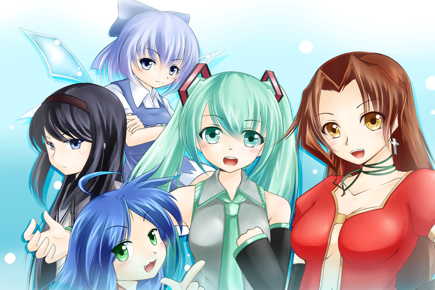 ahoge akemi_homura aqua_eyes aqua_hair black_hair blue_eyes blue_hair brown_hair cirno clenched_hand cross cross_earrings crossed_arms crossover detached_sleeves dress earrings eclair_(kiddy_grade) fang frown green_eyes hairband hand_on_own_chest hatsune_miku highres izumi_konata jewelry kiddy_grade long_hair looking_at_viewer lucky_star mahou_shoujo_madoka_magica mole mole_under_eye multiple_crossover multiple_girls necktie open_clothes open_mouth open_shirt outstretched_arm ribbon shirt short_hair short_sleeves sidelocks silver_eyes smile touhou twintails vocaloid w.wing_(wheelwing708) wings yellow_eyes