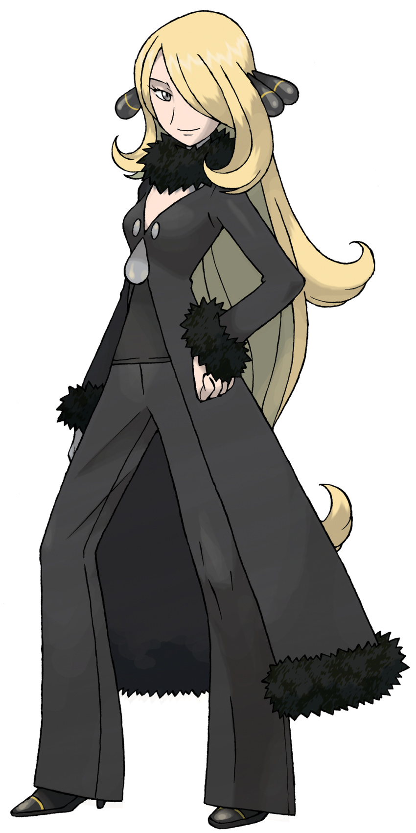 absurdres black_eyes black_pants blonde_hair full_body hair_ornament hair_over_one_eye highres long_hair official_art pants pokemon pokemon_(game) pokemon_dppt shirona_(pokemon) smile solo sugimori_ken transparent_background very_long_hair