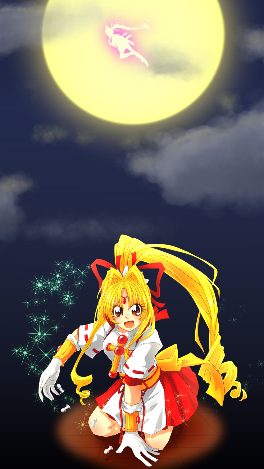 absurdres blonde_hair cross forehead_jewel full_moon gloves hair_intakes hair_ribbon highres kaitou_jeanne kamikaze_kaitou_jeanne kneeling kusakabe_maron long_hair magical_girl moon ponytail ribbon skirt solo takuan_lte very_long_hair