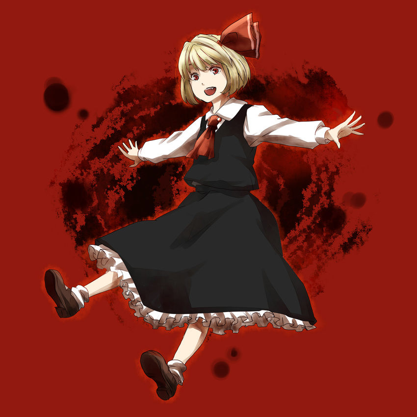absurdres ascot black_skirt blonde_hair bow brown_footwear fang hair_bow highres long_sleeves meso open_mouth outstretched_arms red_background red_bow red_eyes rumia shirt shoes short_hair skirt socks solo touhou vest white_shirt