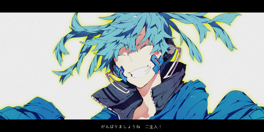 bad_id bad_pixiv_id blue_hair bukurote closed_eyes ene_(kagerou_project) grin headphones highres jacket kagerou_project letterboxed short_eyebrows short_hair sleeves_past_wrists smile solo track_jacket translated twintails