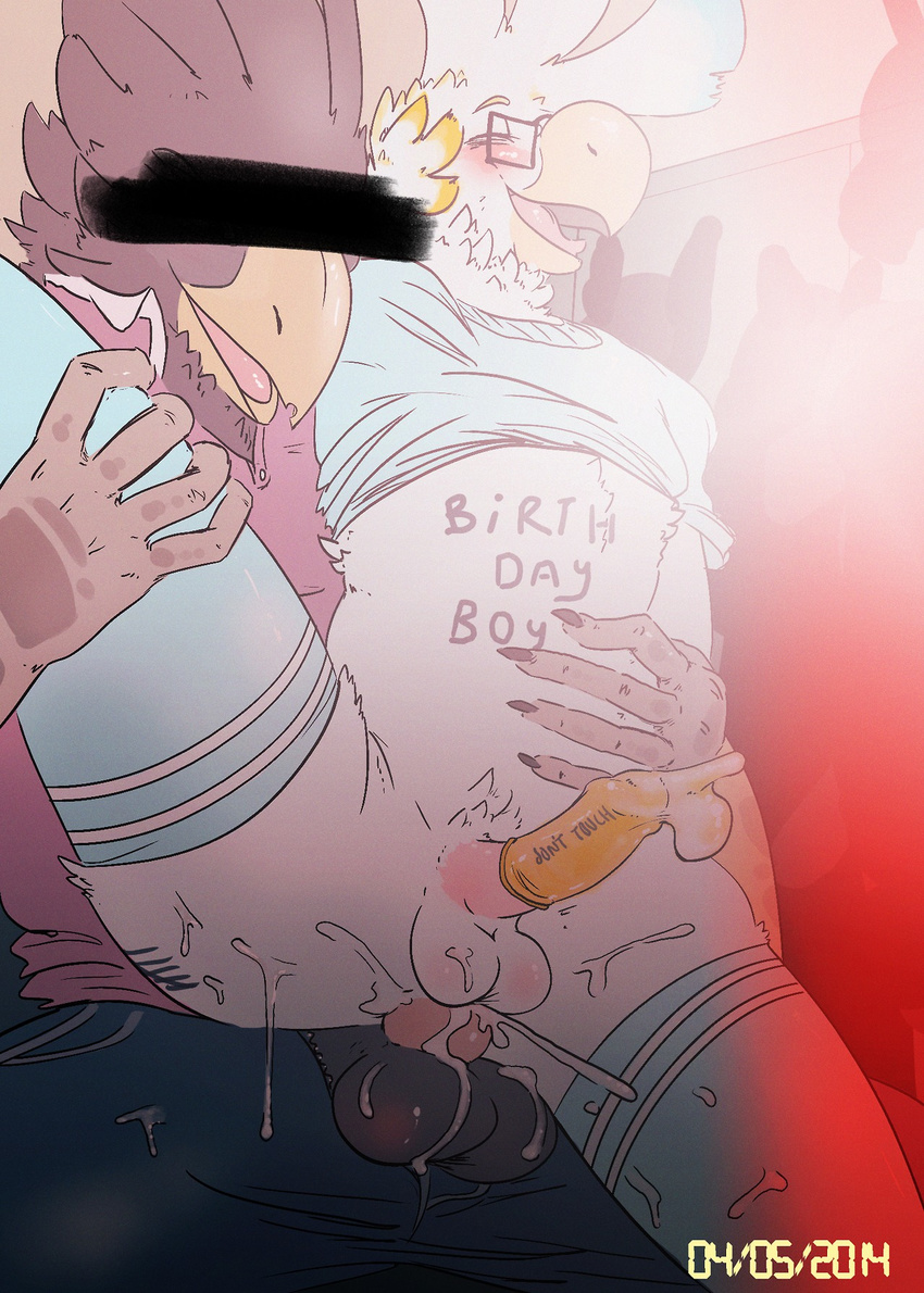 anal anal_penetration avian balls beak bird birthday blush censored clothing cockatoo condom crowd cum cum_in_ass cum_inside cum_on_balls cum_on_clothes cum_while_penetrated dovne dovne_(character) duo eyes_closed eyewear feather_hair filled_condom gay girly group hands-free leg_grab legwear lifting looking_pleasured male neck_tuft open_mouth orgasm penetration penis raised_leg shirt shirt_lift size_difference stockings thigh_highs