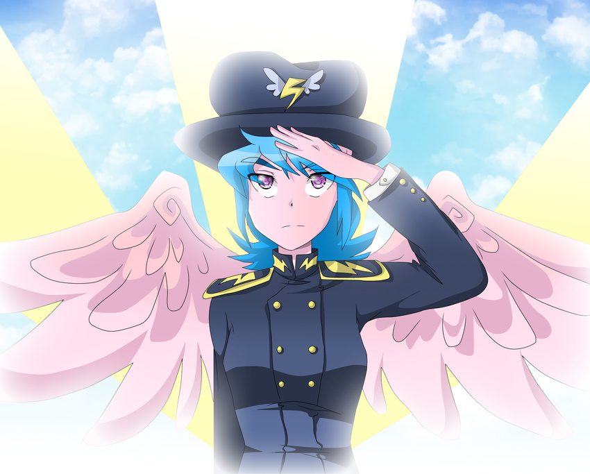 anthro anthrofied blue_hair clothing cloud equine female firefly_(mlp) friendship_is_magic general glowing hair hat mammal my_little_pony outside pegasus purple_eyes salute sky solo thegreatrouge uniform wings