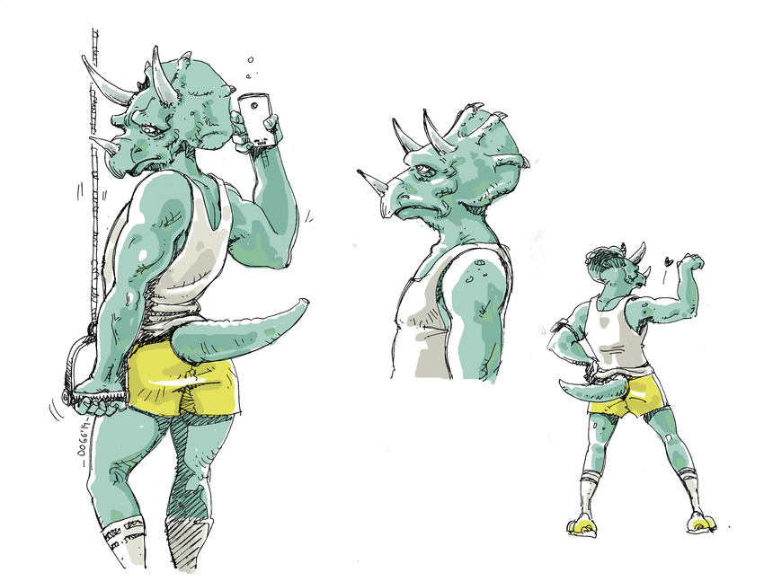 anthro cellphone clothing dinosaur horn magin-go male phone plain_background scalie selfie solo standing toned triceratops white_background