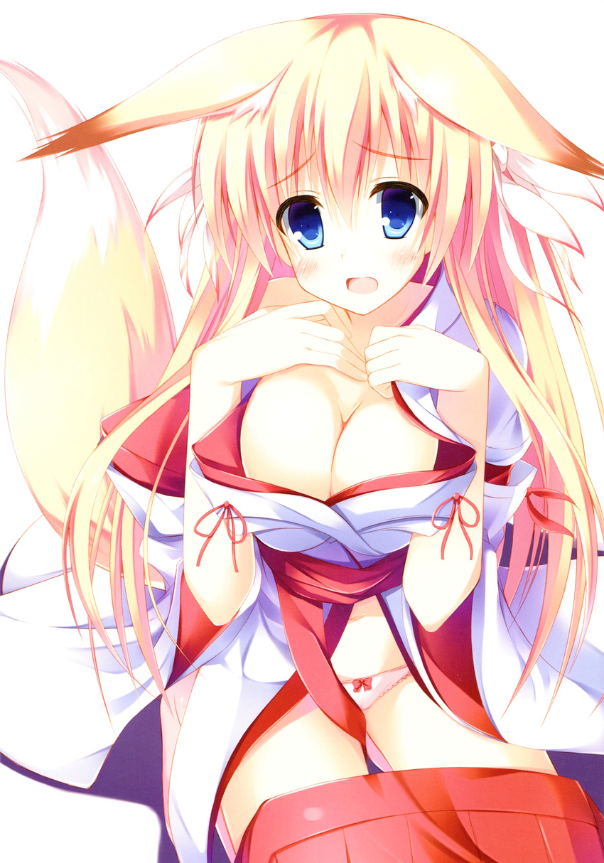 absurdres animal_ears barefoot blonde_hair blue_eyes blush bow bow_panties breasts cleavage fox_ears fox_tail highres japanese_clothes konoha_(nozomi_tsubame) large_breasts long_hair miko nozomi_tsubame off_shoulder open_mouth original panties pink_panties simple_background skirt skirt_pull solo tail toes underwear white_background