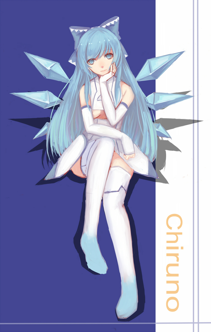 alternate_costume alternate_hair_length alternate_hairstyle arm_support bare_shoulders blue_eyes blue_hair bow breasts character_name cirno elbow_gloves fingerless_gloves gloves hair_bow hand_on_own_cheek head_tilt highres ice ice_wings long_hair looking_at_viewer medium_breasts midriff older romaji ryuuno6 shirt sitting skirt solo thighhighs touhou underboob white_gloves white_legwear wings zettai_ryouiki