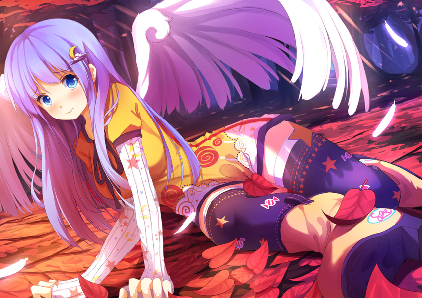 angel_wings arm_support blue_eyes blush boots crescent crescent_hair_ornament feathers forest hair_ornament leaf long_hair long_sleeves looking_at_viewer nature original purple_hair rizky_(strated) sleeves_past_wrists solo thighhighs wings zettai_ryouiki