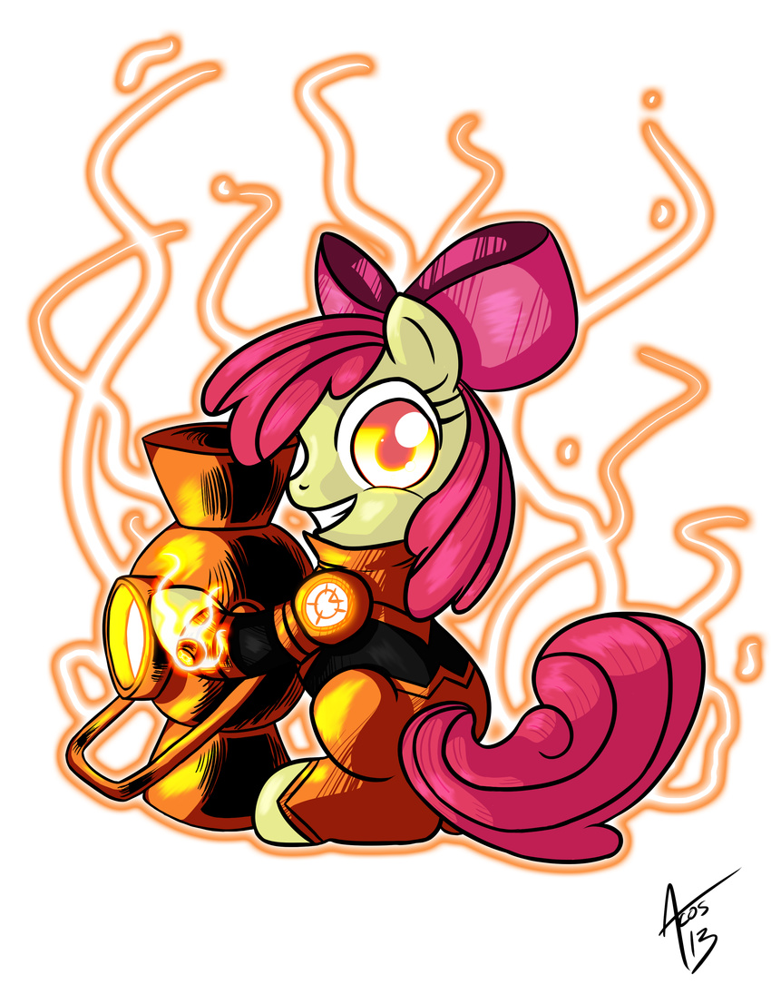alpha_channel amber_eyes apple_bloom_(mlp) bow clothing creepy crossover cynos-zilla english_text equine female friendship_is_magic fur greed green_lantern_(series) grin hair horse looking_at_viewer mammal my_little_pony orange_lantern plain_background pony red_hair ring shaded signature smile solo text transparent_background yellow_fur