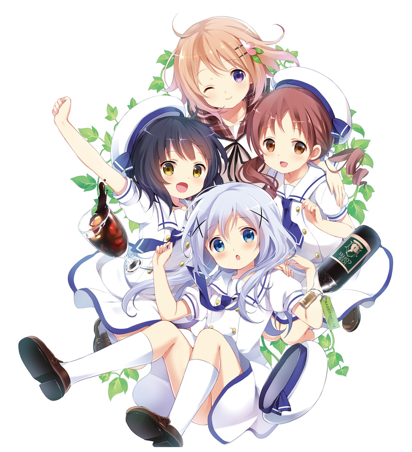 :d :o ;) arm_up beret black_hair blue_eyes blue_hair blush bottle brown_eyes brown_hair chestnut_mouth clenched_hand collarbone drill_hair english fang flower glass gochuumon_wa_usagi_desu_ka? hair_ornament hair_scrunchie hairclip hand_on_another's_shoulder hand_on_shoulder hat hat_removed headwear_removed highres hoto_cocoa hoto_cocoa's_school_uniform ice ice_cube iced_coffee jouga_maya kafuu_chino kafuu_chino's_school_uniform kneehighs koi_(koisan) loafers long_hair looking_at_viewer low_twintails multiple_girls natsu_megumi necktie official_art one_eye_closed open_mouth plant purple_eyes raised_fist ribbon school_uniform scrunchie serafuku shirt shoes short_hair short_sleeves simple_background skirt smile tag twin_drills twintails vines white_background white_legwear x_hair_ornament yellow_eyes