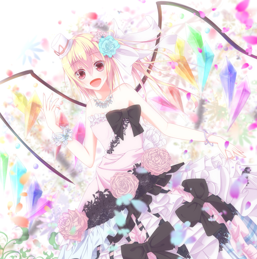 :d bare_shoulders black_bow blonde_hair bow collarbone demon_wings dress flandre_scarlet flower flower_bracelet frilled_dress frills hair_flower hair_ornament hair_ribbon hat highres jewelry layered_dress looking_at_viewer mini_hat mini_top_hat nagishiro_mito necklace open_mouth pink_dress pink_wedding_dress red_eyes ribbon rose short_hair side_ponytail skirt_hold smile solo strapless top_hat touhou vampire wedding_dress white_ribbon wings wrist_cuffs