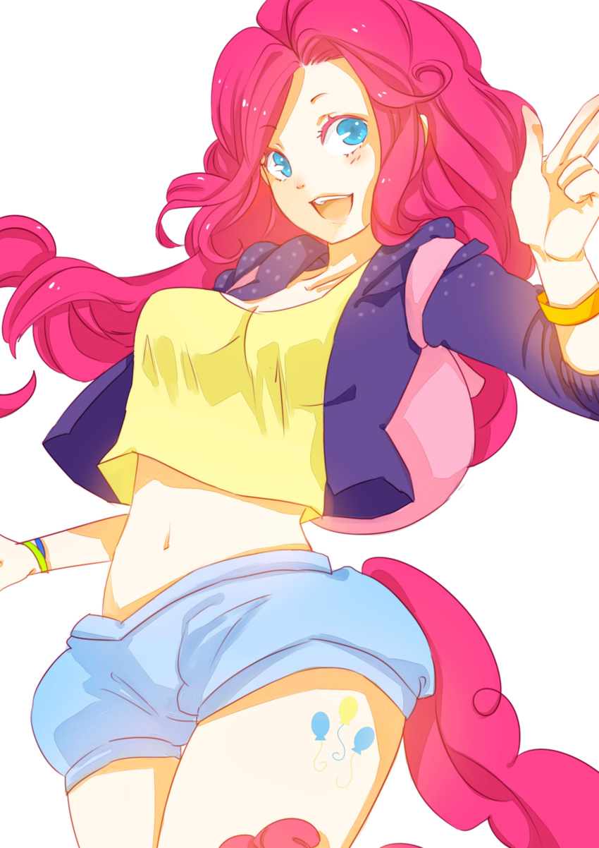 absurdres backpack bag highres horse_tail jacket kumo_ni_notte my_little_pony my_little_pony_friendship_is_magic navel personification pinkie_pie short_shorts shorts solo tail