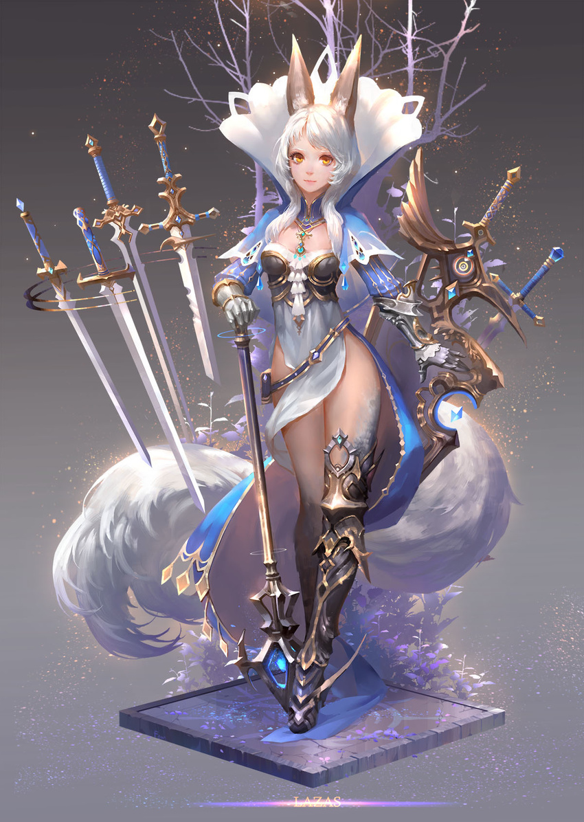 animal_ears armor armored_dress belt faux_figurine floating fom_(lifotai) fox_ears fox_tail full_body gauntlets gradient gradient_background grey_background highres jewelry lazas long_hair looking_at_viewer necklace pixiv_fantasia pixiv_fantasia_fallen_kings pouch scepter solo standing sword tail thighs tree weapon white_hair yellow_eyes