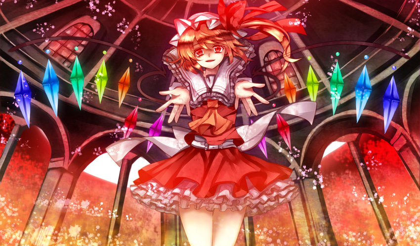 aru16 ascot blonde_hair bow flandre_scarlet frills hat hat_bow highres open_hands red_eyes side_ponytail solo touhou wings