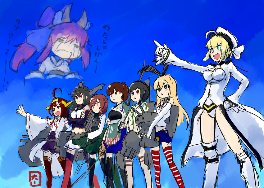 :&lt; :d =_= absurdres ahoge black_hair blonde_hair blush_stickers breasts brown_hair crossed_arms daizan_(mount_position) detached_sleeves elbow_gloves fate/extra fate_(series) from_below gloves green_eyes group_picture group_profile hair_ribbon hairband hand_on_hip hat highres huge_ahoge jitome kaga_(kantai_collection) kantai_collection kitakami_(kantai_collection) kongou_(kantai_collection) lineup long_hair long_sleeves medium_breasts military military_uniform mismatched_legwear multiple_girls nagato_(kantai_collection) nero_claudius_(fate) nero_claudius_(fate)_(all) nontraditional_miko open_mouth outstretched_arm pointing profile projected_inset red_hair rensouhou-chan ribbon ribbon-trimmed_sleeves ribbon_trim shimakaze_(kantai_collection) shirt short_hair showgirl_skirt sketch skirt smile standing striped striped_legwear taihou_(kantai_collection) tamamo_(fate)_(all) tamamo_no_mae_(fate) teardrop thighhighs translated uniform upper_body wide_sleeves