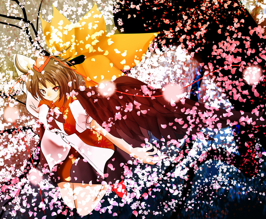 ascot black_skirt black_wings blouse brown_hair buttons cherry_blossoms fan hat highres looking_at_viewer nyago petals plant pom_pom_(clothes) puffy_short_sleeves puffy_sleeves red_eyes shameimaru_aya shirt short_hair short_sleeves skirt smile solo standing tokin_hat touhou tree white_blouse white_shirt wind wings