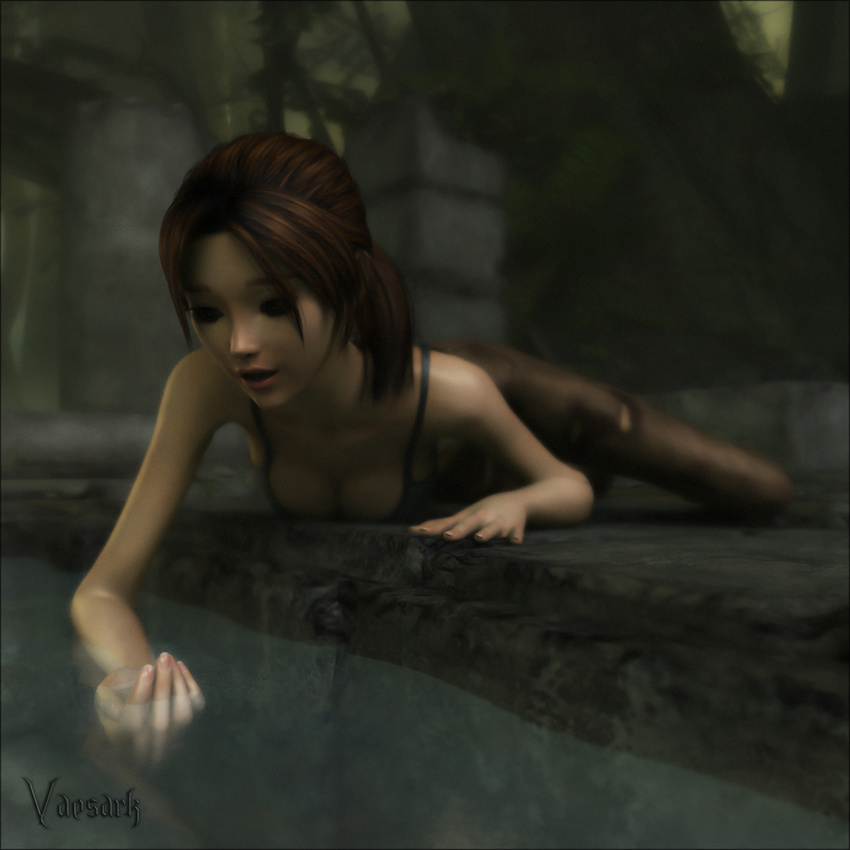 brown_eyes brown_hair cleavage clothed clothing drinking female hair human jungle lara_croft lying mammal open_mouth solo tomb_raider torn_clothing vaesark water