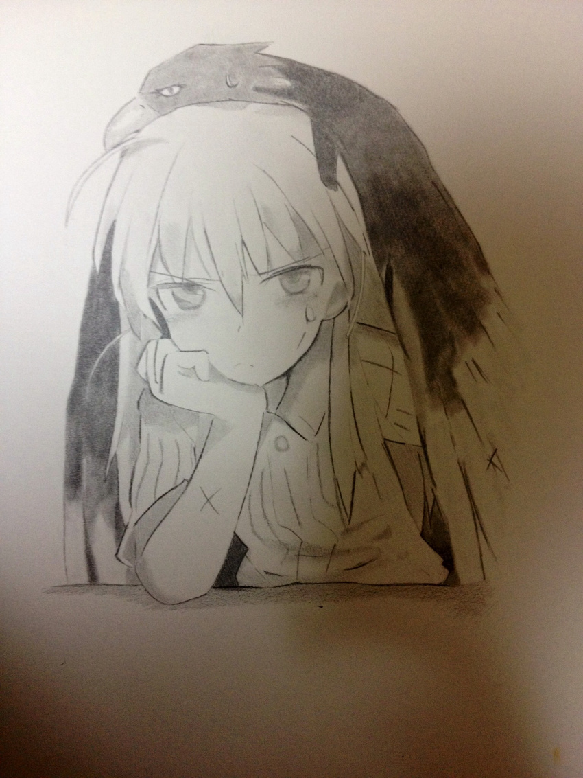 :&lt; bad_id bad_pixiv_id bird eagle frown graphite_(medium) hand_on_own_chin hanna-justina_marseille highres leaning_forward long_hair looking_at_viewer monochrome solo strike_witches sweatdrop traditional_media upper_body world_witches_series yosi-aki2