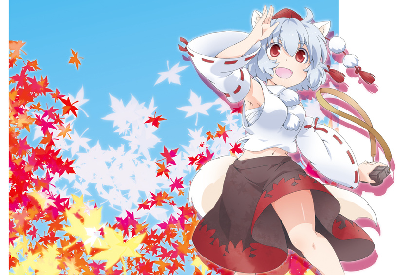 ahoge animal_ears armpits autumn_leaves black_skirt blouse blue_background blue_sky breasts camera day detached_sleeves grey_hair hat holding inubashiri_momiji leaf leaf_print long_skirt looking_at_viewer maple_leaf medium_breasts midriff navel open_mouth pom_pom_(clothes) red_eyes ribbon-trimmed_sleeves ribbon_trim sarashi shige_(st-k) short_hair skirt sky solo stomach tail tokin_hat touhou white_blouse wolf_ears wolf_tail