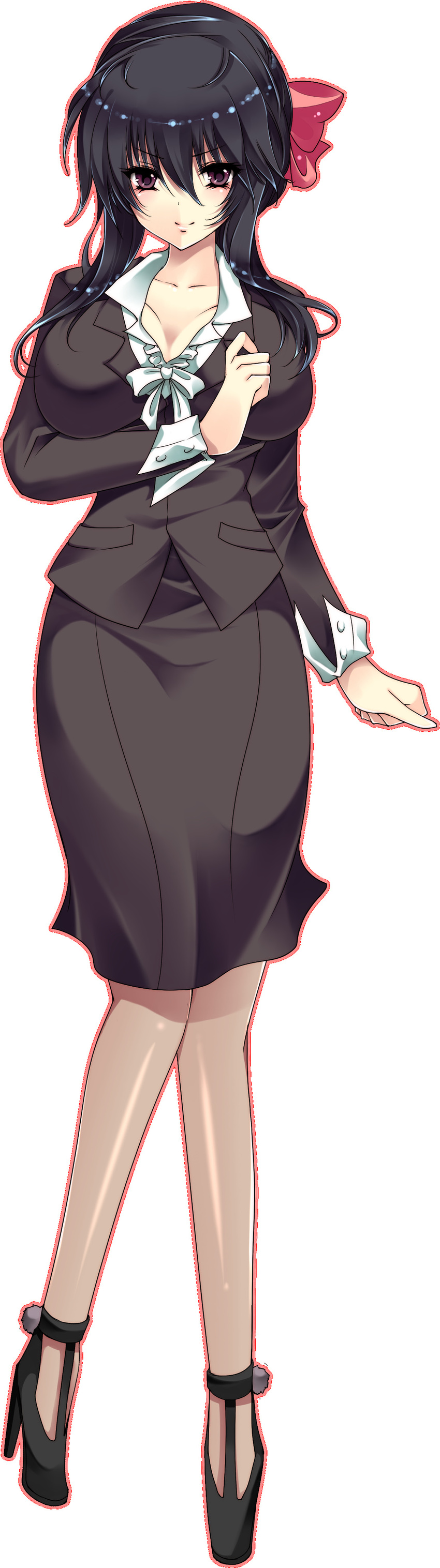absurdres black_eyes black_hair breasts cleavage formal hairband high_heels highres jacket kyan_(glira) large_breasts looking_at_viewer office_lady pantyhose scan scan_artifacts sidelocks simple_background skirt_suit smile solo suit