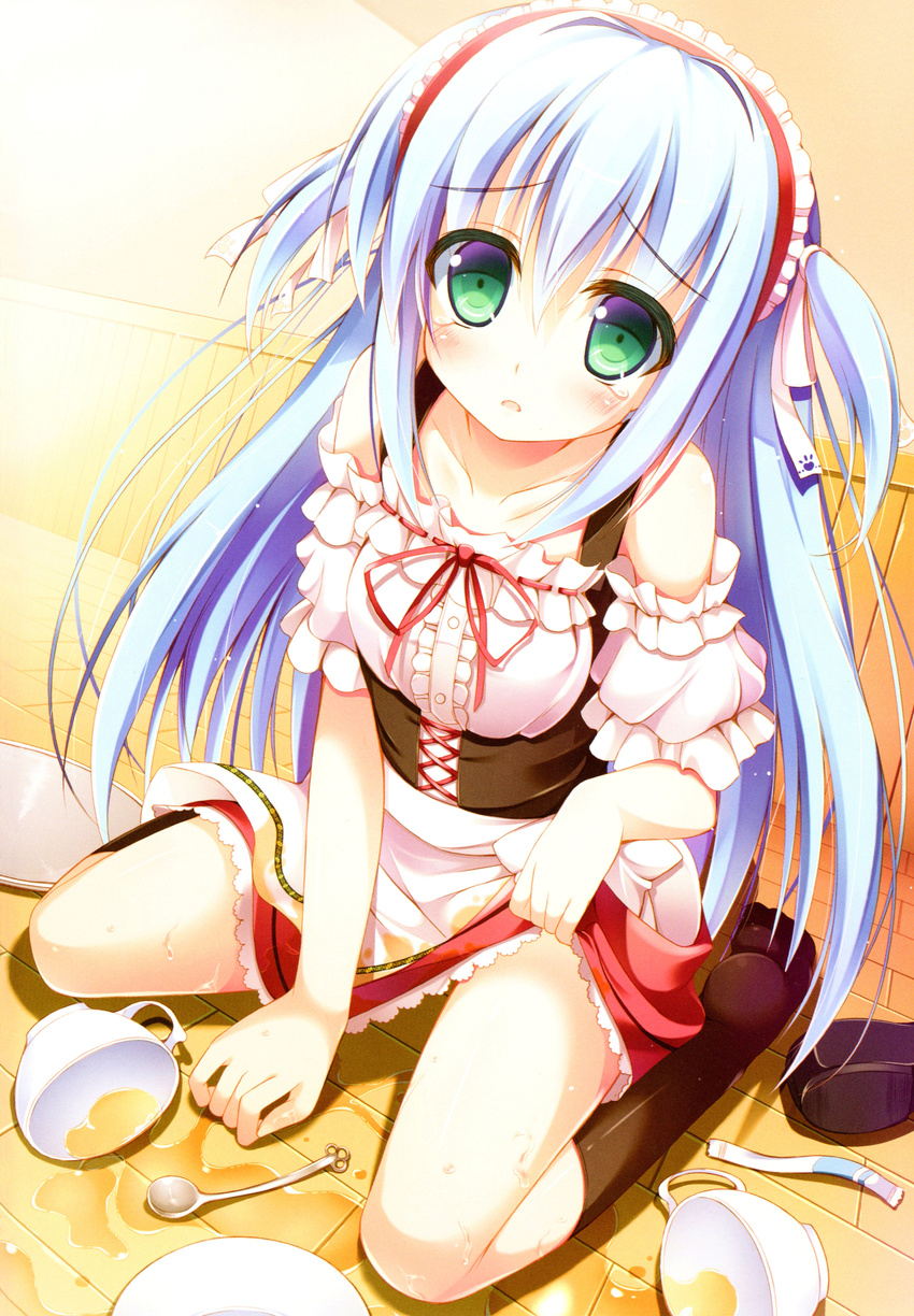 :o absurdres blue_hair colored_eyelashes cup d: failure from_above green_eyes highres kurano_ema kurano_kun_chi_no_futago_jijou loafers long_hair looking_at_viewer maid_headdress nozomi_tsubame off_shoulder open_mouth parted_lips saucer shoes sitting spill spoon tareme tea teacup tears teaspoon two_side_up very_long_hair waitress wariza wooden_floor