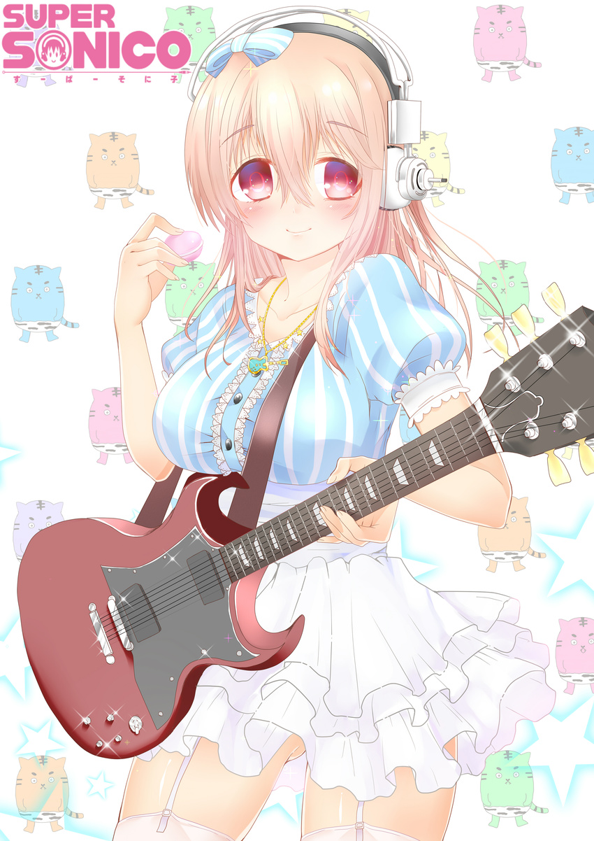 absurdres blush bow breasts chihiro_(khorosho) electric_guitar food garter_straps guitar headphones highres instrument large_breasts long_hair looking_at_viewer macaron nitroplus pink_eyes pink_hair smile solo super_sonico