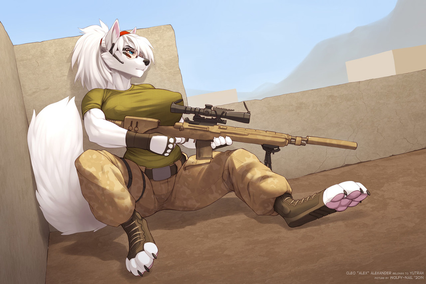 belt biceps big_breasts black_nose blue_eyes breasts camo canine cargo_pants claws cleo_(yutrah) clothed clothing eyewear face_paint female fingerless_gloves fluffy_tail fox fur glasses gloves gun hair headband hindpaw long_hair mammal nipple_bumps outside pants pawpads paws pink_pawpads ponytail ranged_weapon rifle sitting sniper solo toe_claws unknown_species weapon white_fur white_hair wolfy-nail