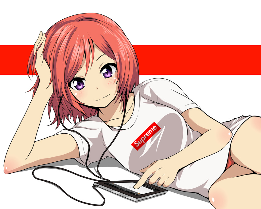 arm_support blush body_blush cellphone clothes_writing earphones highres light_smile love_live! love_live!_school_idol_project lying nishikino_maki no_pants on_side panties phone purple_eyes red_hair red_panties shirt smartphone solo t-shirt tom_(drpow) underwear