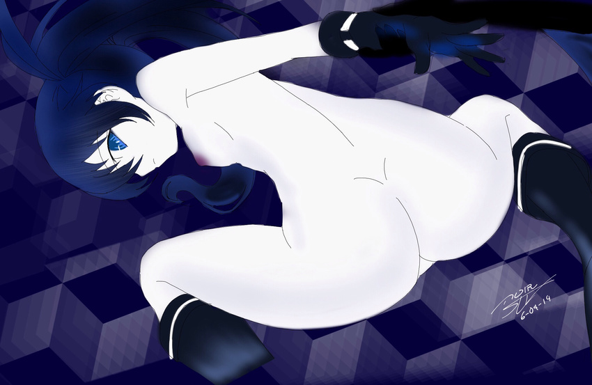 1girl 2014 arm_behind_back ass back bare_back bare_shoulders black_gloves black_hair black_legwear black_rock_shooter black_rock_shooter_(character) blue_eyes boots breasts cube dated dimples_of_venus dutch_angle female from_behind gloves hands highres knee_boots kneehighs kneeling long_hair long_image looking_at_viewer looking_back nipples no_pussy nude outstretched_arm pale_skin profile reaching ringed_eyes serious sideboob signature small_breasts solo spread_legs tall_image text twintails