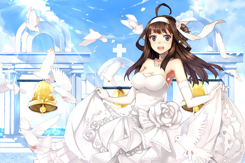 :d ahoge bare_shoulders bell bird black_eyes blue_sky breasts brown_hair church_bell cleavage cross day detached_collar dove dress dress_lift flower flying_sweatdrops hao_(patinnko) jewelry kantai_collection kongou_(kantai_collection) large_breasts lens_flare light_rays long_hair looking_at_viewer necklace open_mouth pearl_necklace rose sky smile solo strapless strapless_dress sunlight wedding_dress white_dress white_flower white_rose