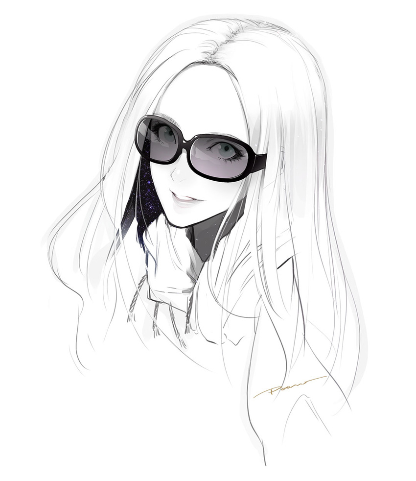 commentary_request drawstring eyelashes green_eyes highres lips long_hair looking_at_viewer monochrome original poaro signature simple_background solo space spot_color star sunglasses upper_body white_background