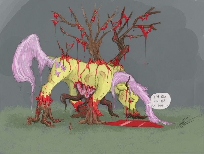 absurd_res blood cutie_mark death dialog english_text equine feral fluttershy_(mlp) friendship_is_magic fur gore grotesque hair hi_res horse intestines mammal my_little_pony organs outside pink_hair pony qwertydragon00 signature solo text transformation tree yellow_fur