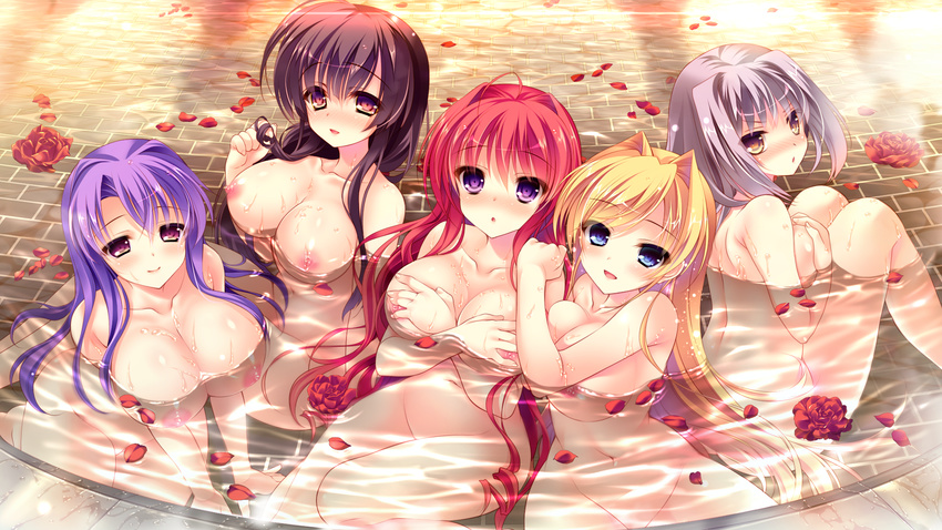 ahoge akemiya_sakura black_hair blonde_hair blue_eyes blush breasts brown_eyes covering covering_breasts game_cg ginrei_otoha hair_intakes hair_twirling highres huge_breasts kuroba_kasumi large_breasts leone_goldbach long_hair looking_at_viewer love_love_life multiple_girls nipples nude open_mouth partially_submerged petals purple_eyes purple_hair red_hair rubi-sama shizaki_yukari short_hair silver_hair sitting smile tajima_yoshikazu water wori