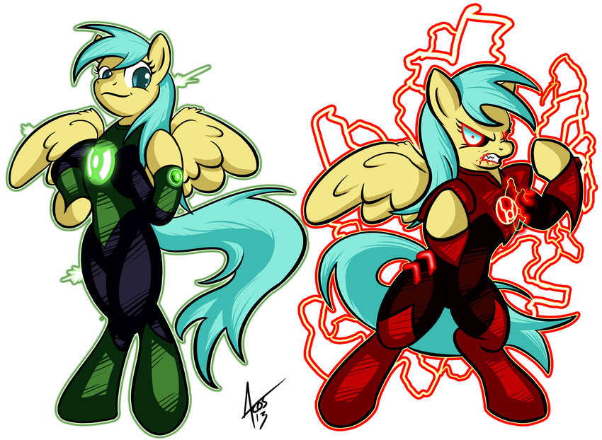 absurd_res alpha_channel clothing crossover cynos-zilla english_text equine female friendship_is_magic green_lantern green_lantern_(series) hi_res looking_at_viewer mammal my_little_pony pegasus plain_background raindrops_(mlp) red_lantern ring semi-anthro signature smile solo text transparent_background wings