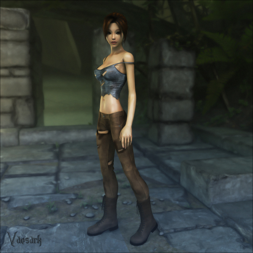 black_eyes boots brown_hair clothed clothing female hair human jungle lara_croft mammal navel solo standing tomb_raider top torn_clothing vaesark