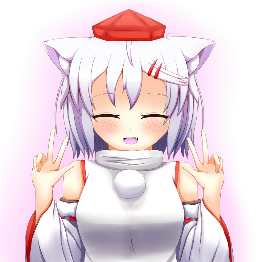 absurdres animal_ears banned_artist bare_shoulders blush breasts closed_eyes detached_sleeves double_v fang hair_ornament hairclip happy hat highres inubashiri_momiji medium_breasts oohirakeisuke open_mouth pom_pom_(clothes) short_hair silver_hair solo tokin_hat touhou v wolf_ears