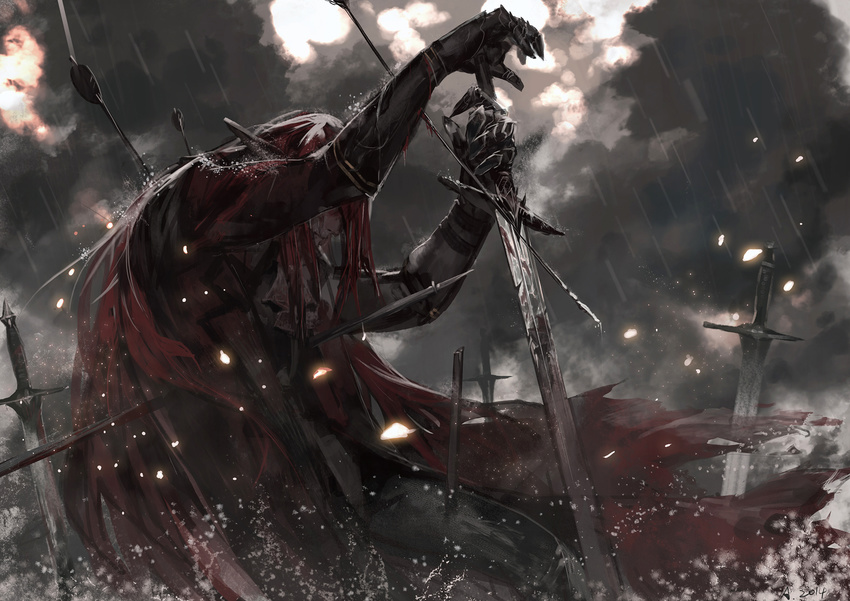alcd all_male armor cape male pixiv_fantasia rain sword water weapon