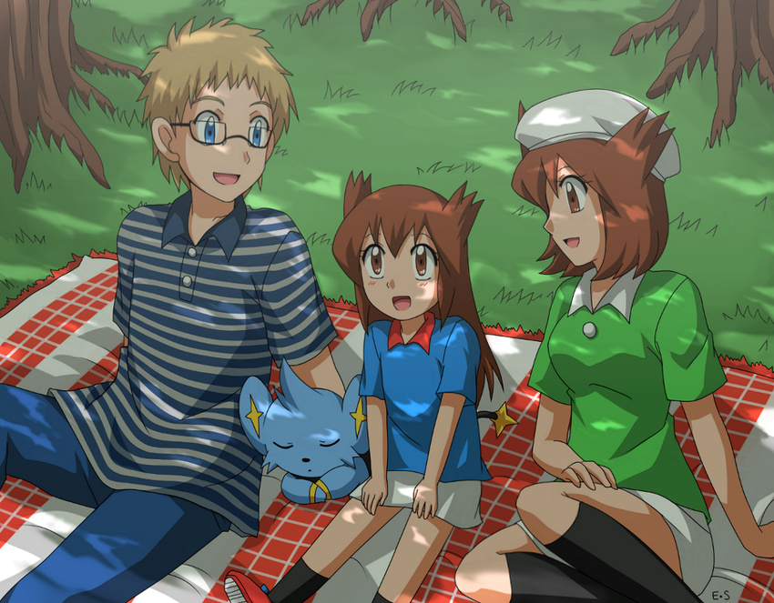 blue_eyes brown_eyes brown_hair child endless-summer181 eyes_closed female grass group hair lying male nintendo on_front open_mouth outside picnic_blanket pok&#233;mon pok&eacute;mon shadow shinx short_hair sitting video_games young