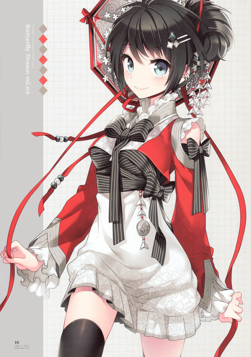 absurdres aqua_eyes black_bow black_hair black_legwear black_ribbon blue_eyes blush bow closed_mouth dress earrings hair_bun hair_ornament hairclip highres holding holding_ribbon jacket jewelry long_sleeves looking_at_viewer nardack original red_jacket red_ribbon ribbon scan short_dress short_hair smile solo star star_hair_ornament striped striped_bow striped_ribbon thighhighs white_dress zettai_ryouiki