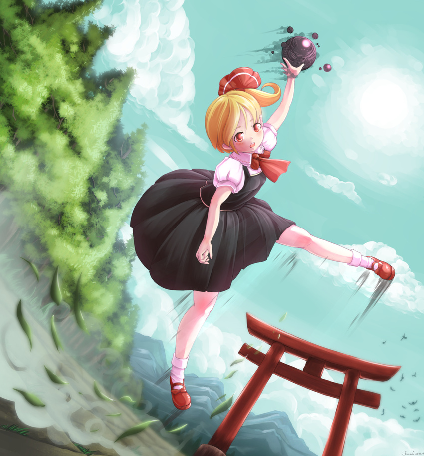 alternate_hairstyle ascot blonde_hair blouse cloud cloudy_sky darkness day forest furim highres leaf mary_janes nature puffy_short_sleeves puffy_sleeves red_eyes rumia shoes short_hair short_sleeves skirt sky torii touhou tree vest