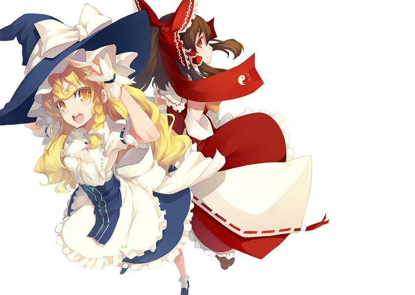 blonde_hair bow braid brown_hair detached_sleeves dress hair_bow hair_tubes hakurei_reimu hat kirisame_marisa long_hair multiple_girls red_eyes ribbon shingo_(missing_link) smile touhou witch_hat yellow_eyes