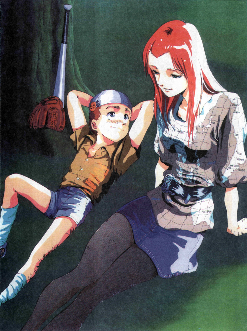 1boy 1girl alfred_izuruha baseball_bat baseball_glove brown_hair casual child christina_mackenzie grass gundam gundam_0080 hat official_art red_hair shorts tree