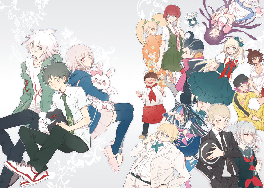 6+girls animal bandages black_hair blonde_hair blue_eyes blue_hair blush_stickers bow breasts brown_hair cham-p cleavage danganronpa everyone formal glasses green_eyes grey_eyes grey_hair hair_bow hamster hanamura_teruteru hat heke heterochromia hinata_hajime japanese_clothes jum-p kimono koizumi_mahiru komaeda_nagito kuzuryuu_fuyuhiko large_breasts long_hair maga-g mioda_ibuki monokuma monomi_(danganronpa) multicolored_hair multiple_boys multiple_girls nanami_chiaki nidai_nekomaru one_eye_closed open_mouth orange_eyes owari_akane pekoyama_peko pink_eyes pink_hair purple_hair red_eyes red_hair saionji_hiyoko scar scarf scarf_over_mouth short_hair smile sonia_nevermind souda_kazuichi suit sun-d super_danganronpa_2 tanaka_gandamu togami_byakuya_(super_danganronpa_2) tsumiki_mikan white_hair yellow_eyes