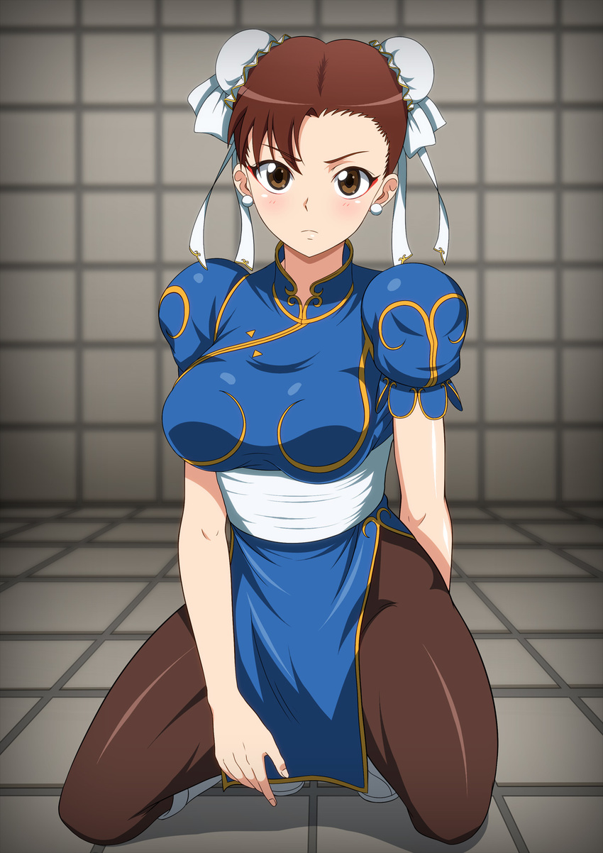 1girl blush boots breasts brown_eyes brown_hair capcom china_dress chinese_clothes chun-li double_bun dress earrings fingernails highres jewelry kneeling large_breasts legs looking_at_viewer makeup nail nails pantyhose serious short_hair solo street_fighter street_fighter_ii thighs