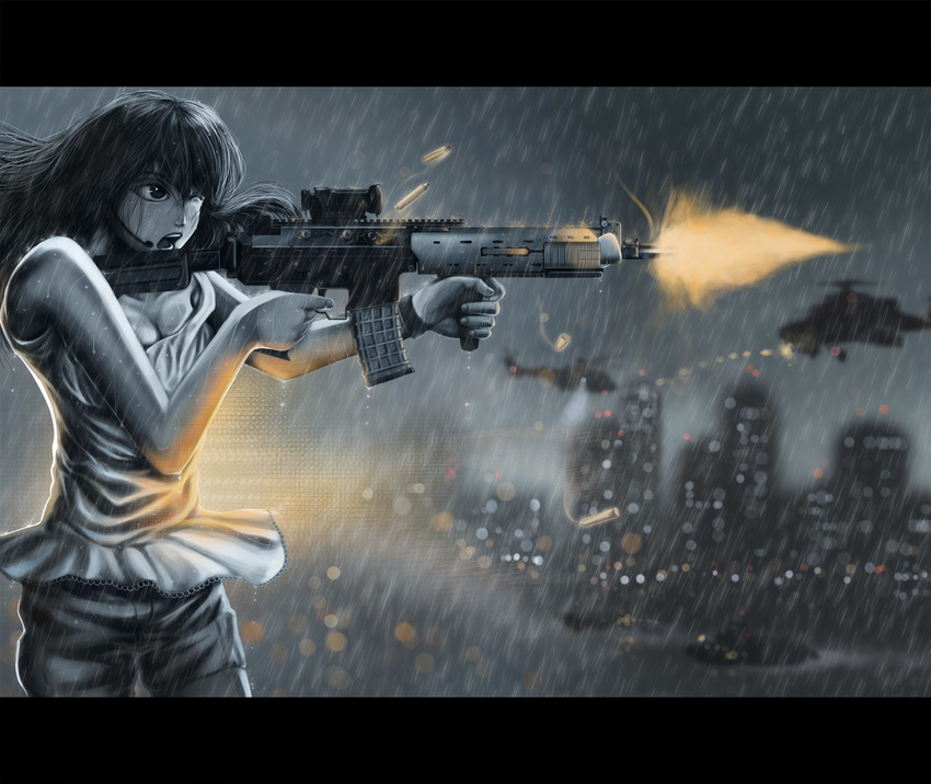 5 ak-5 assault_rifle bad_id bad_pixiv_id battlefield_(series) battlefield_4 breasts casing_ejection city earpiece firing gun highres letterboxed long_hair medium_breasts mi-24 mint_chocolate muzzle_flash number one_eye_closed parody rain rifle shell_casing shirt t-shirt weapon
