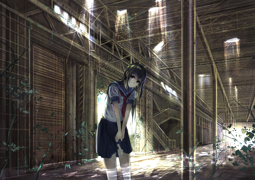 black_eyes black_hair building koruse light long_hair looking_at_viewer original partially_submerged pillar pleated_skirt ruins scenery school_uniform serafuku skirt stairs sunlight wading wet wet_clothes